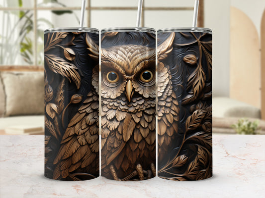 Three tumblers featuring a detailed close-up of a brown owl surrounded by ornate foliage.
