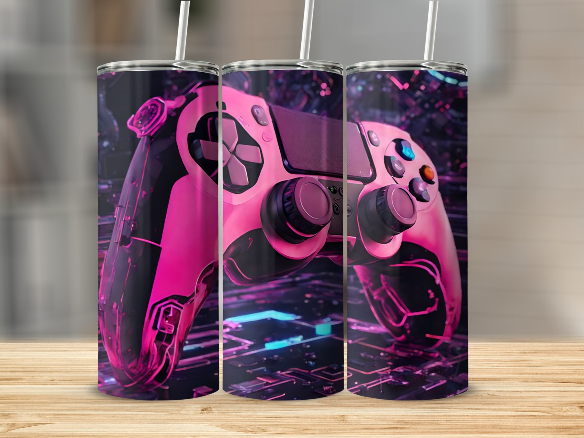 Three pink gaming controllers against a digital, circuit board background.