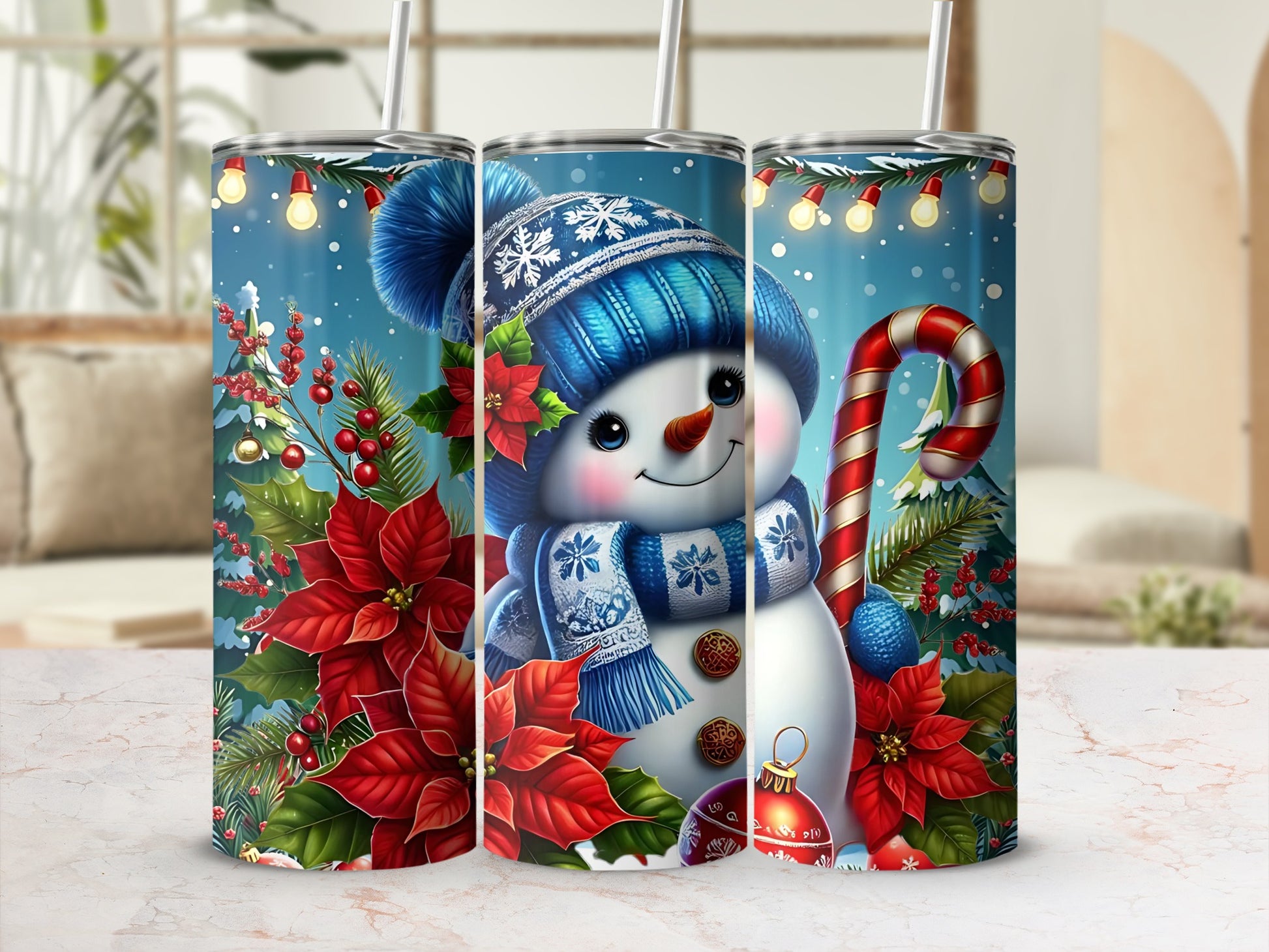 Festive Snowman with Poinsettia Flowers Tumbler