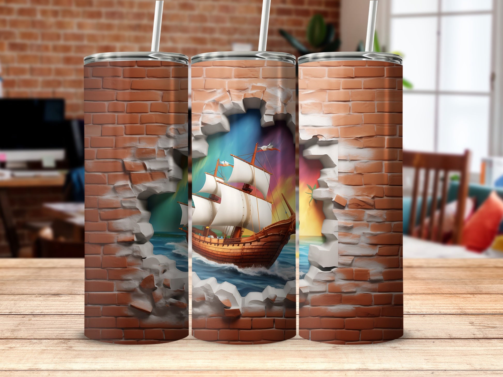 Colorful Ship Breaking Through Brick Wall Design Tumbler