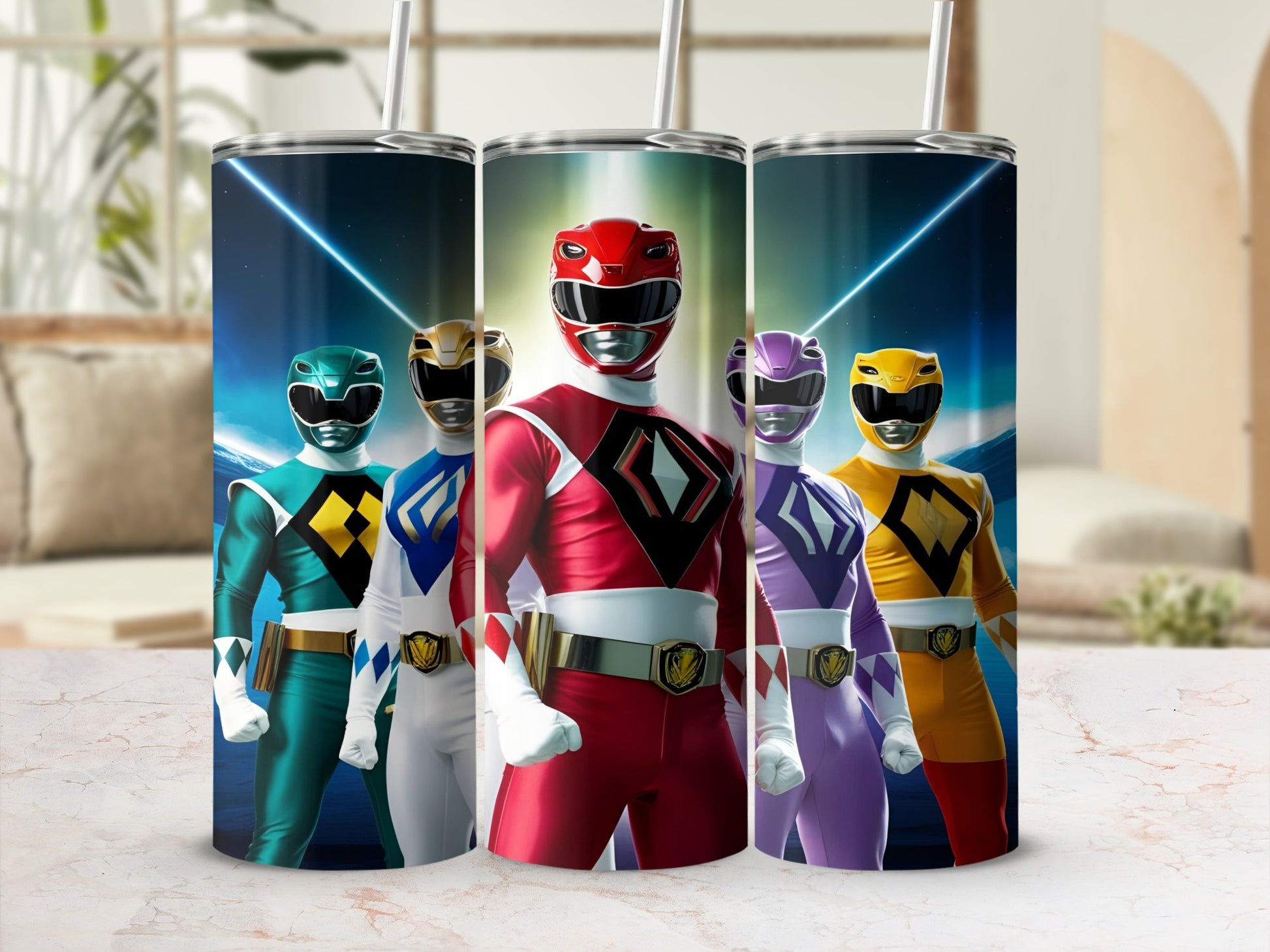 Five Power Rangers in colorful suits stand shoulder-to-shoulder.