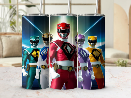 Five Power Rangers in colorful suits stand shoulder-to-shoulder.