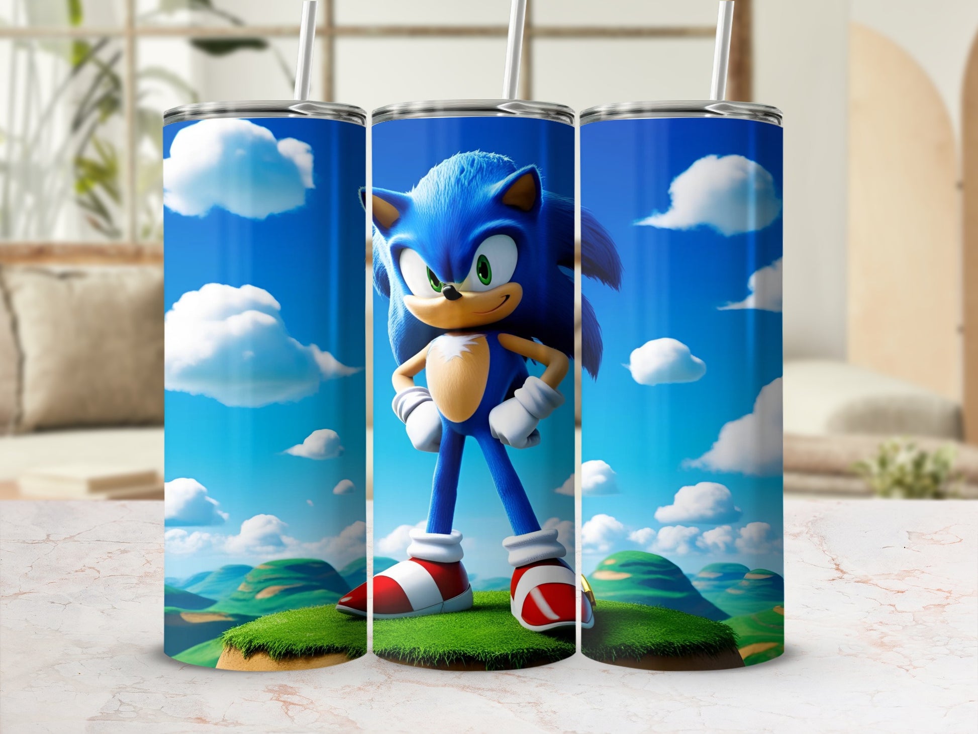 Sonic the Hedgehog character on a landscape background with clouds.