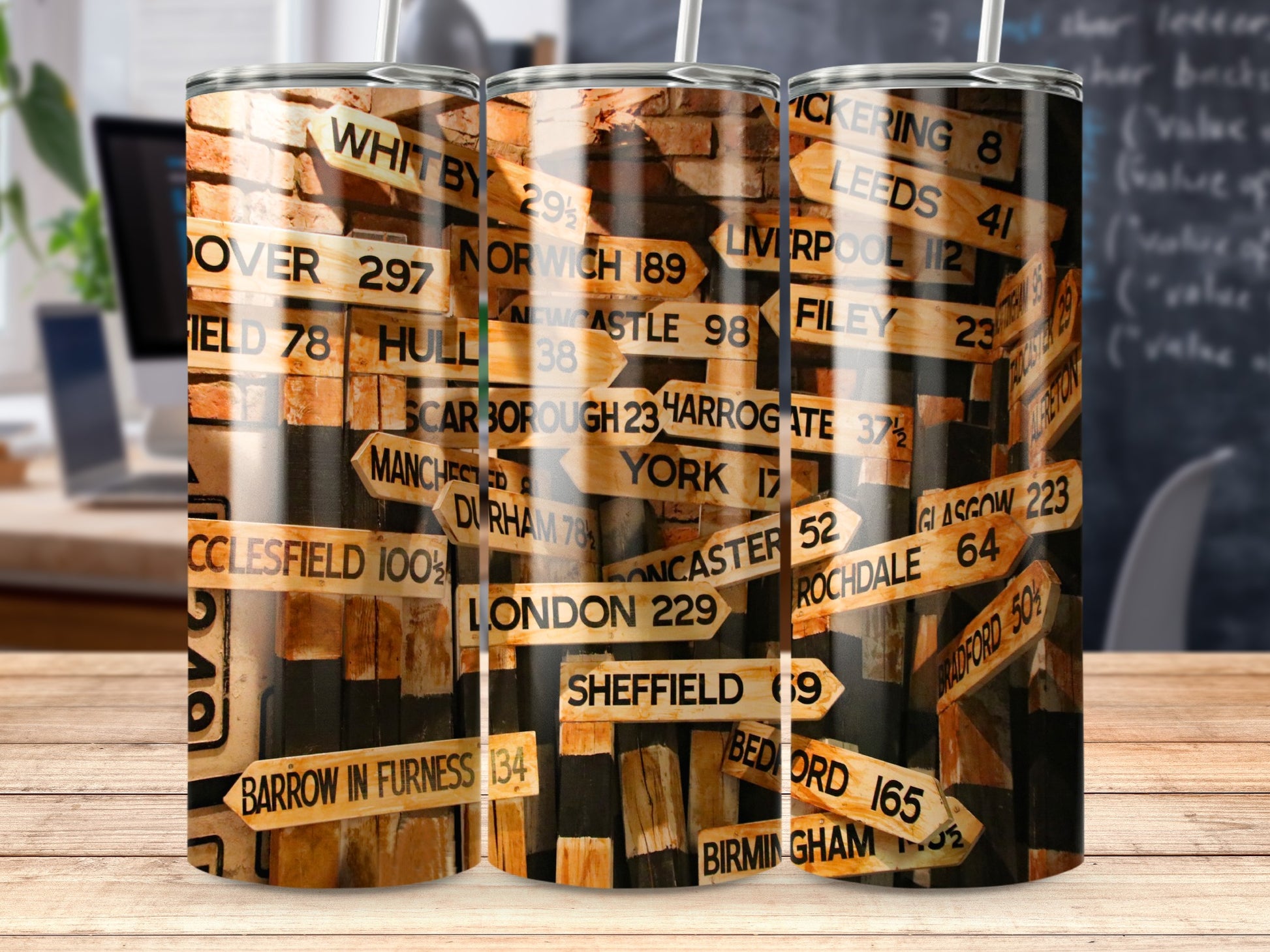 UK City Distance Arrow Wooden Signs Design Tumbler product type