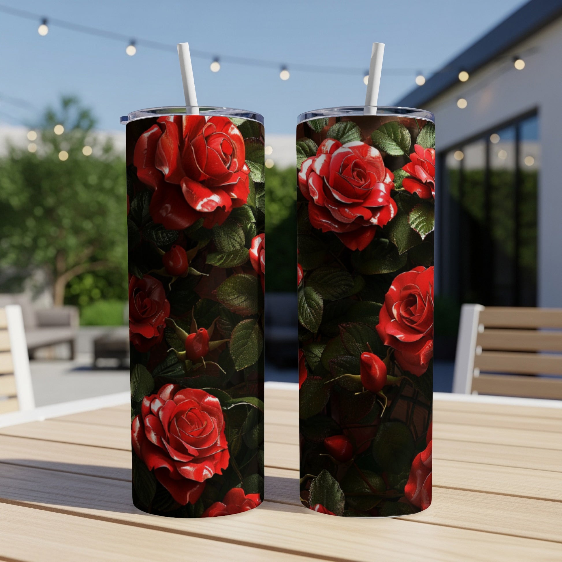 Two tumblers featuring a close-up pattern of red and white roses.
