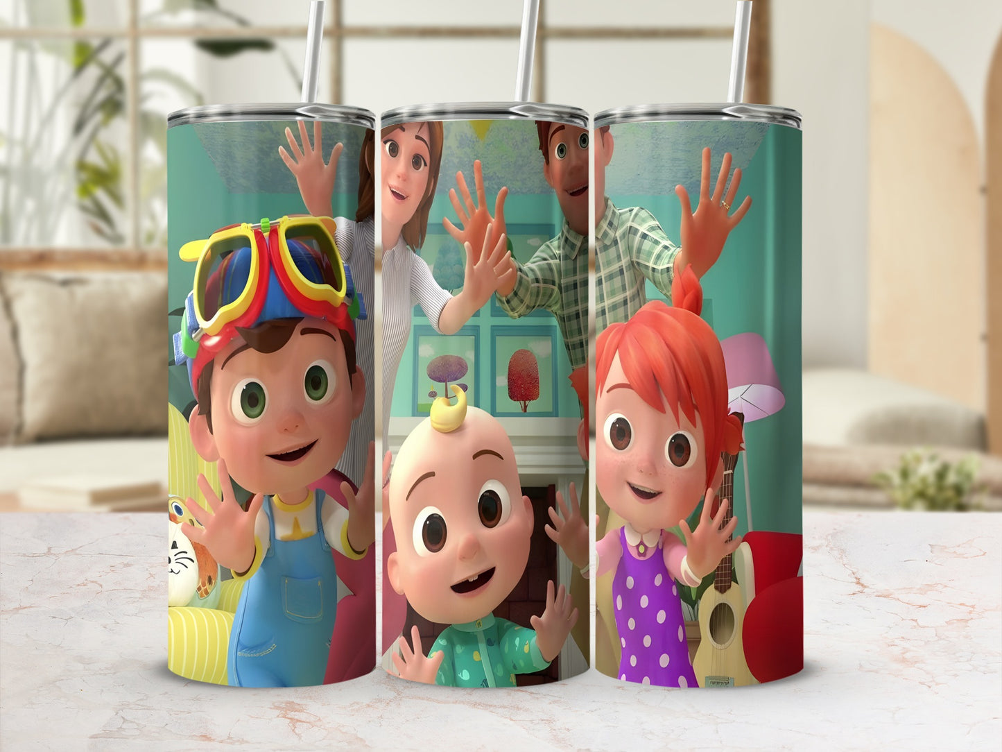 Cocomelon characters J.J., Cody, and Nina waving on a green and teal tumbler with straws.