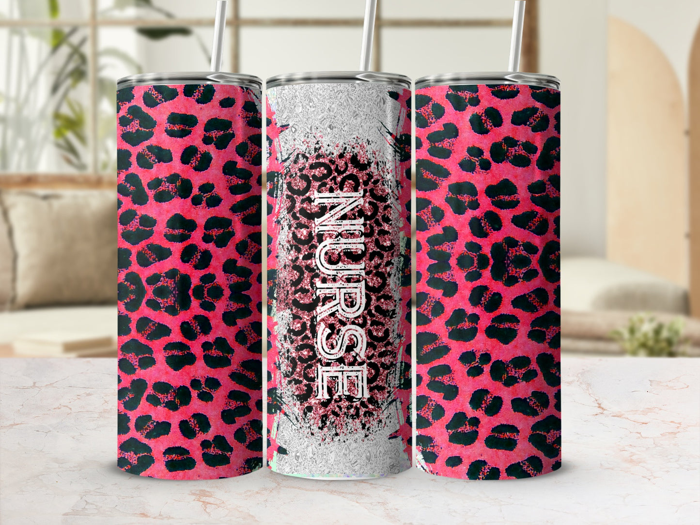 Pink leopard print tumbler with "NURSE" in distressed white lettering.