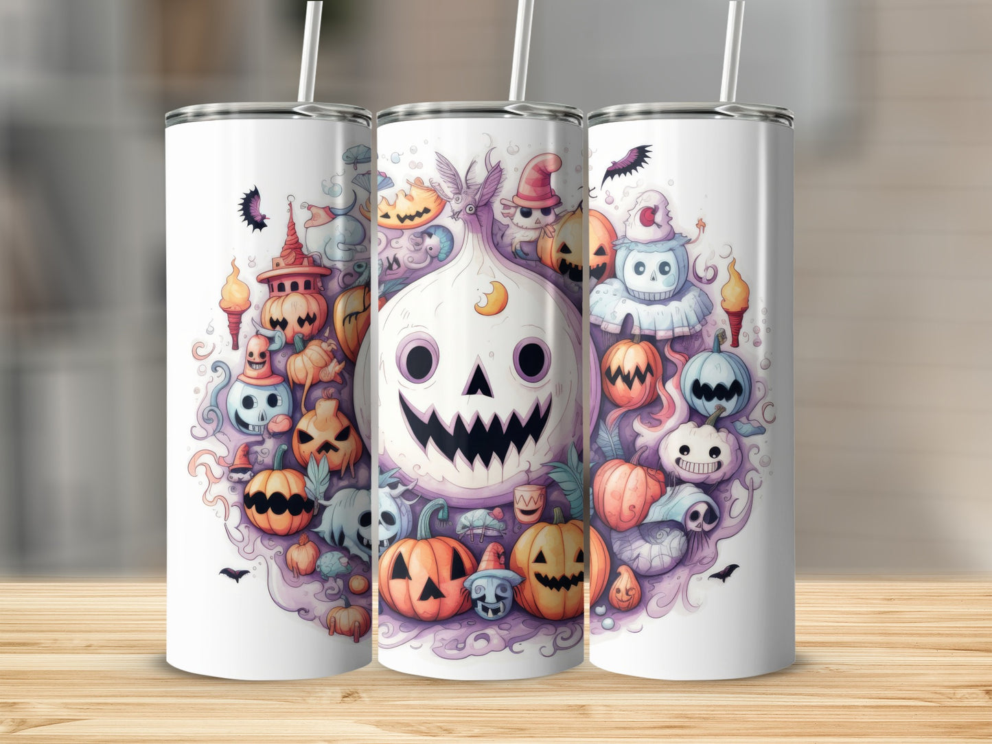 Tumbler with colorful Halloween characters, pumpkins, ghosts, and bats.