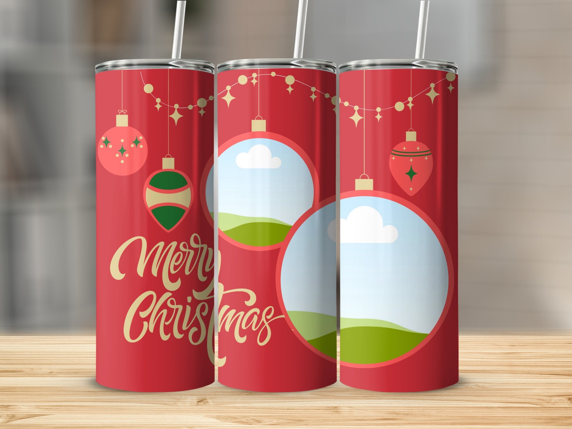 Three red tumblers with Christmas ornaments and "Merry Christmas" text.
