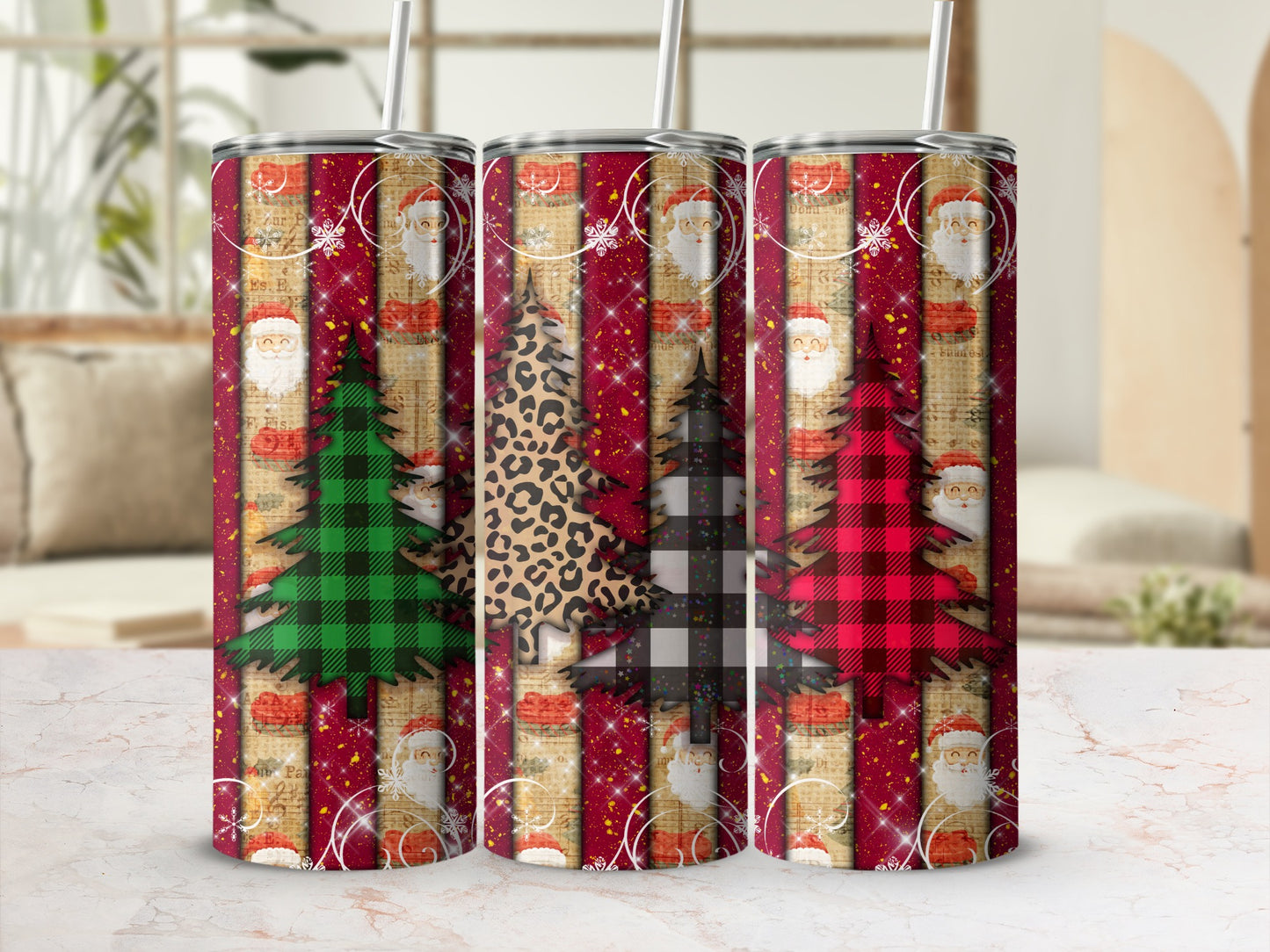 Three Christmas-themed tumblers with Santa, trees, and festive patterns.