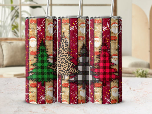Three Christmas-themed tumblers with Santa, trees, and festive patterns.