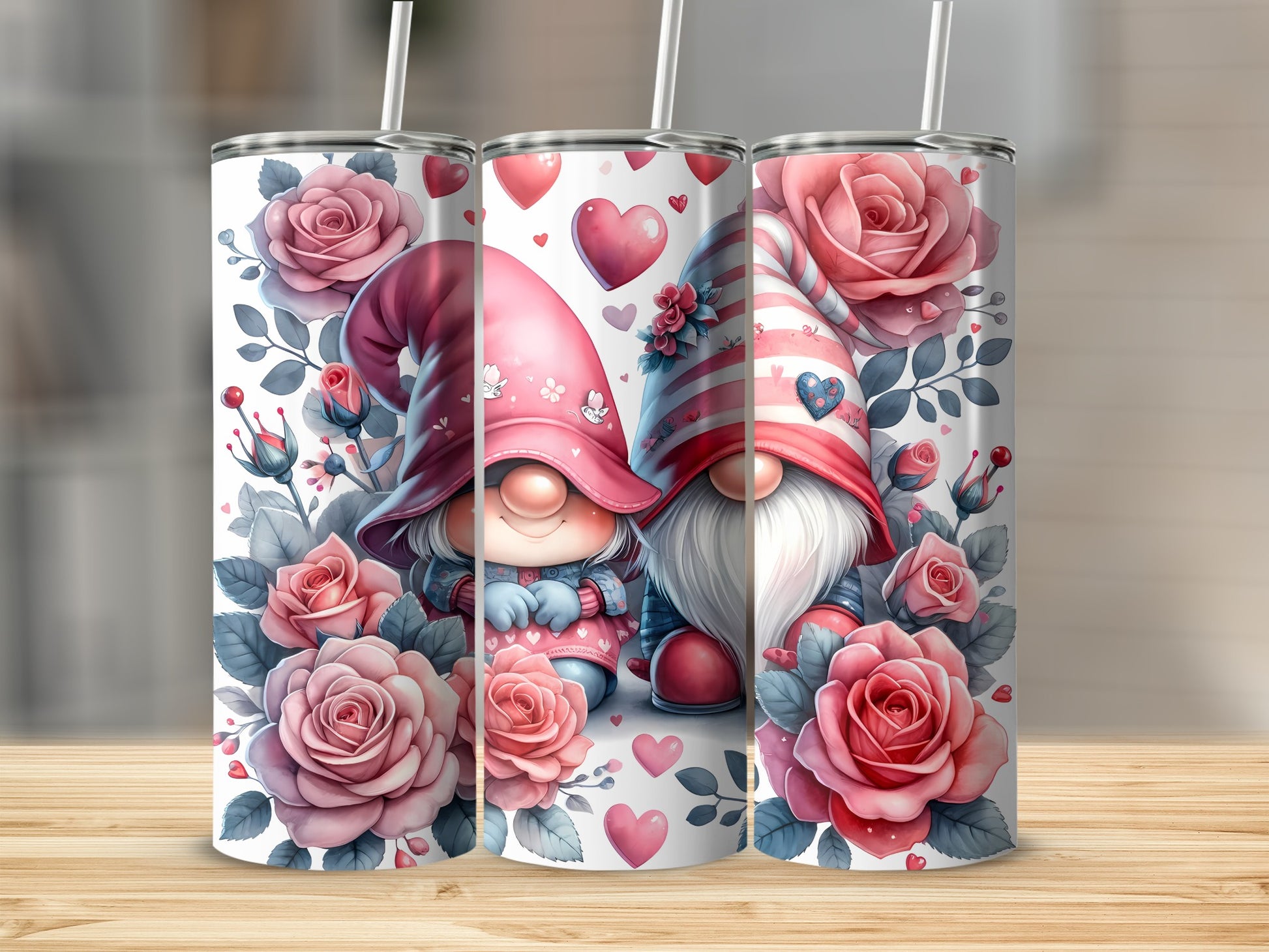 Two gnomes with pink hats surrounded by roses and hearts.