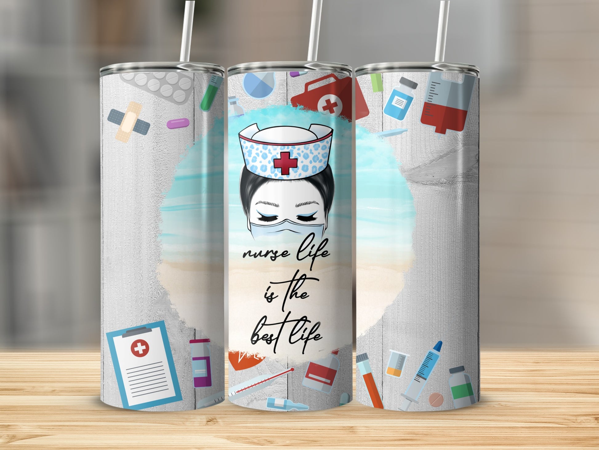 Nurse tumbler with medical icons and "nurse life is the best life" text.
