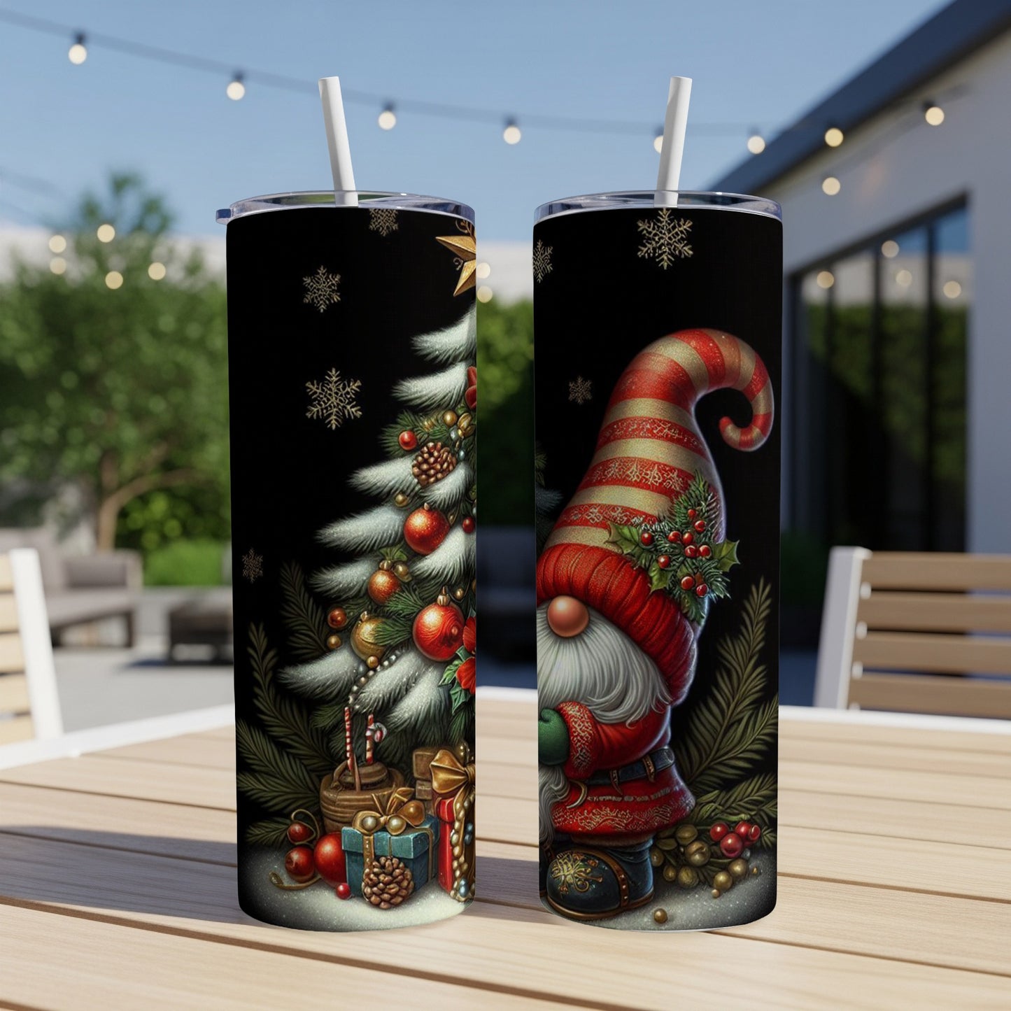 Two tumblers displaying a Christmas tree and a gnome design.