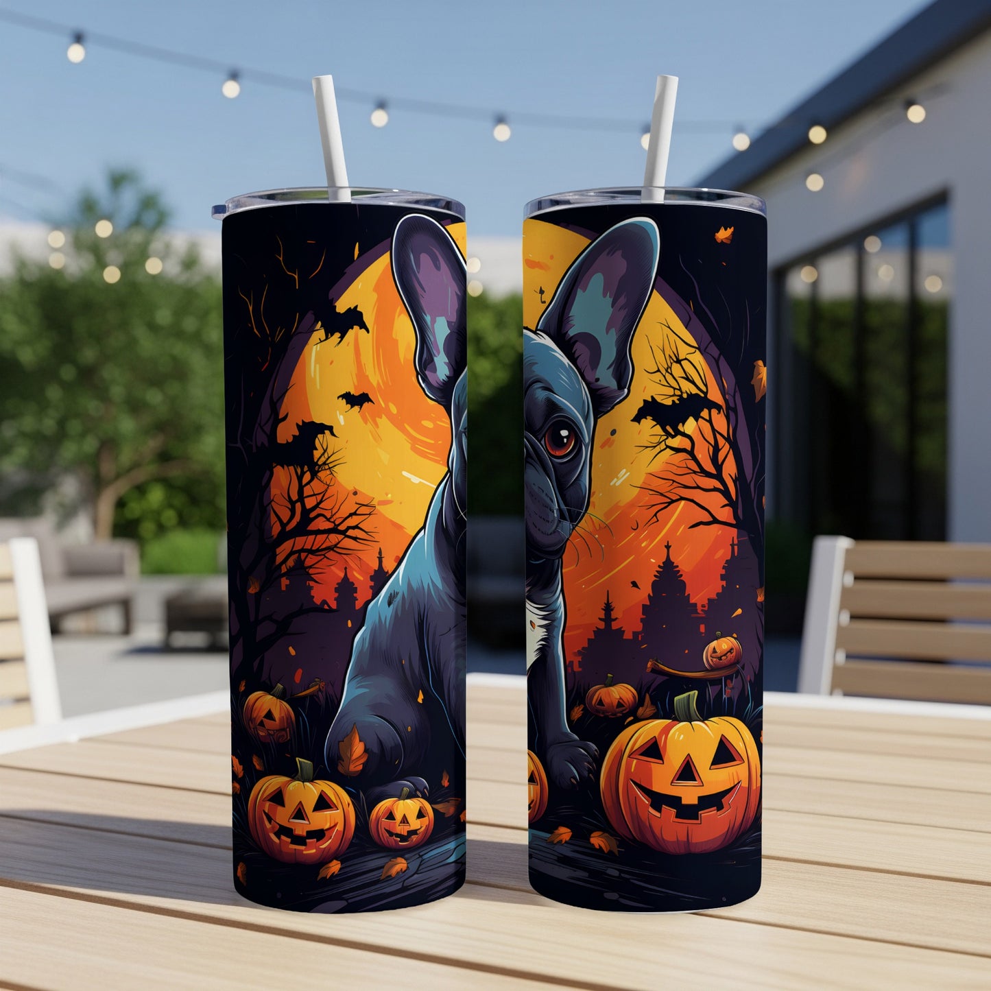 Two tumblers with a French bulldog and Halloween pumpkins under a full moon.