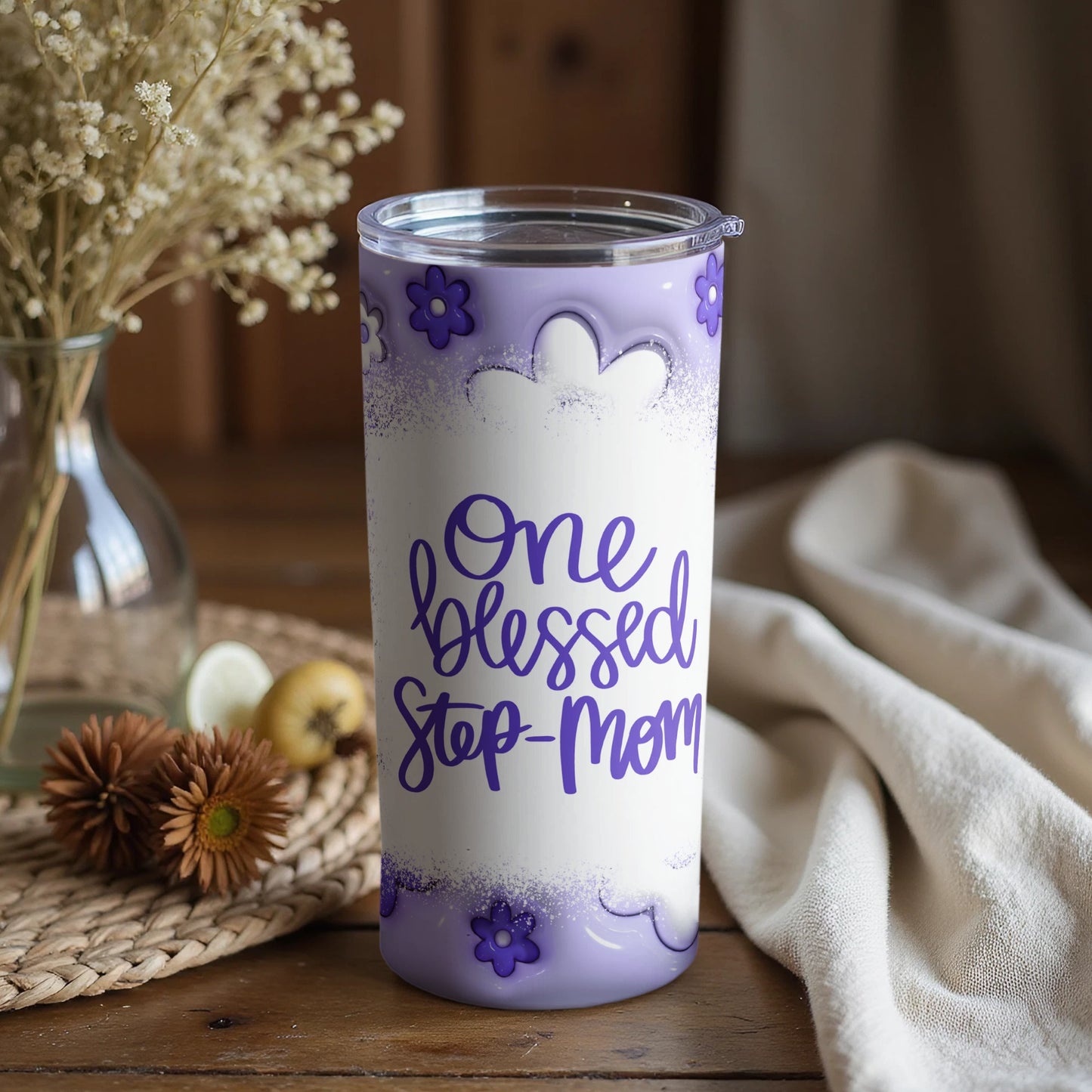 One Blessed Step-Mom Flower Design Travel Tumbler