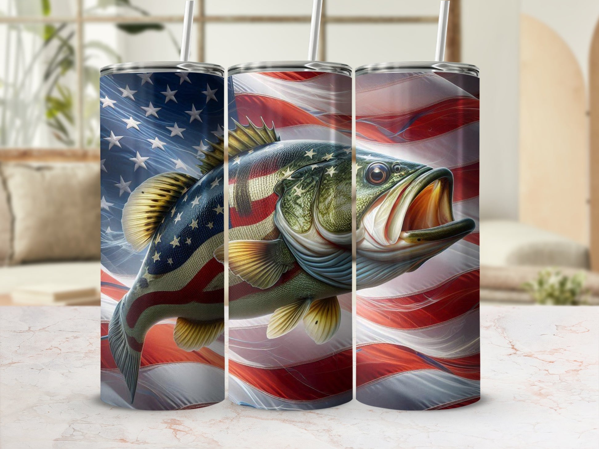 Largemouth bass with American flag design on tumbler wrap.