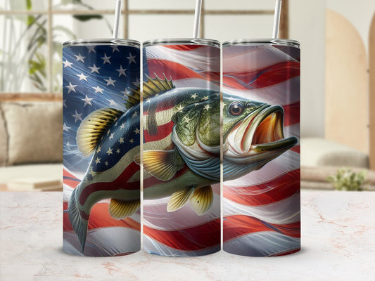 Largemouth bass with American flag design on tumbler wrap.
