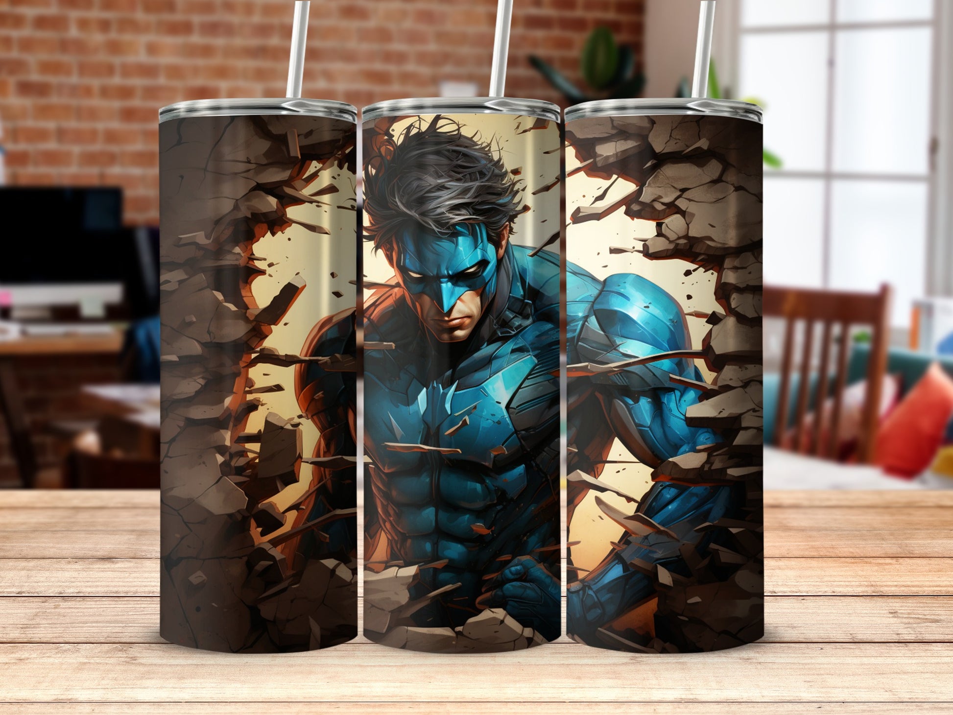 Night-themed superhero tumbler with shattered brick design