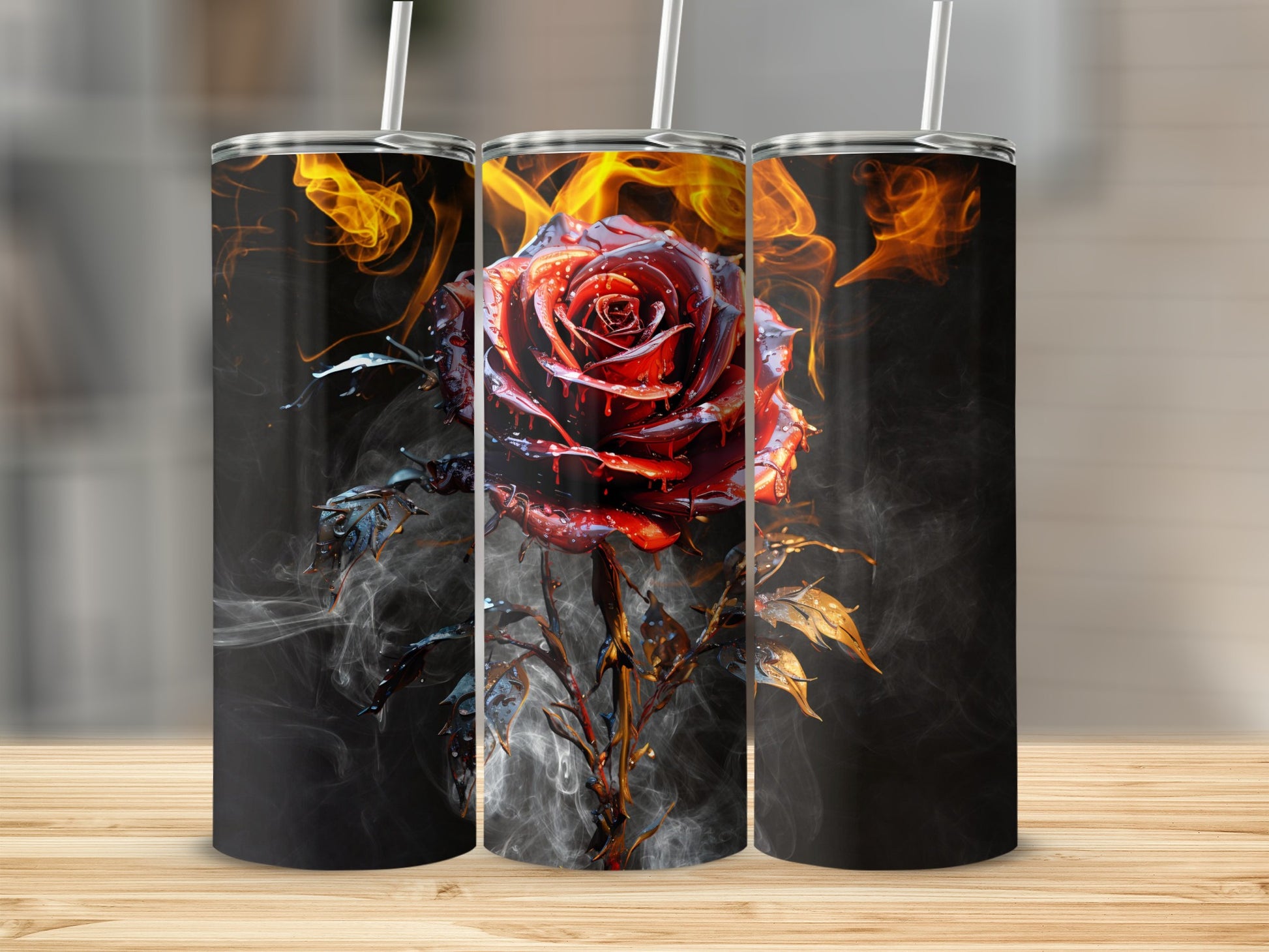 Fiery Rose and Smoke Design Tumbler Cup