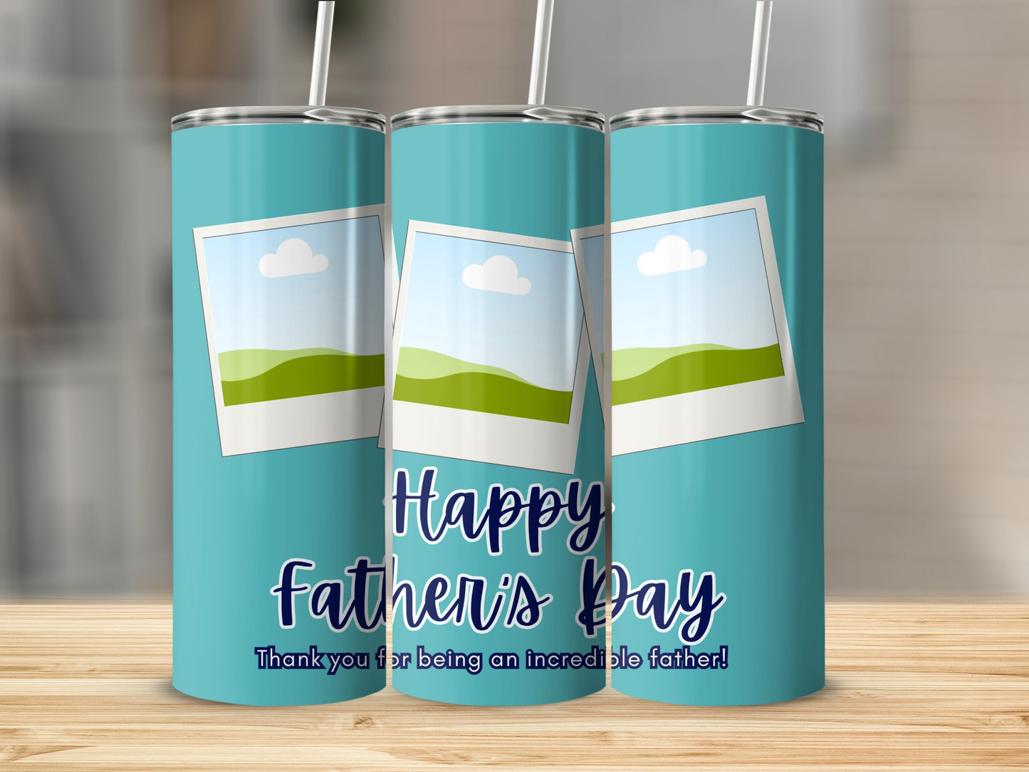 Three teal tumblers with "Happy Father's Day" text and photo placeholders.