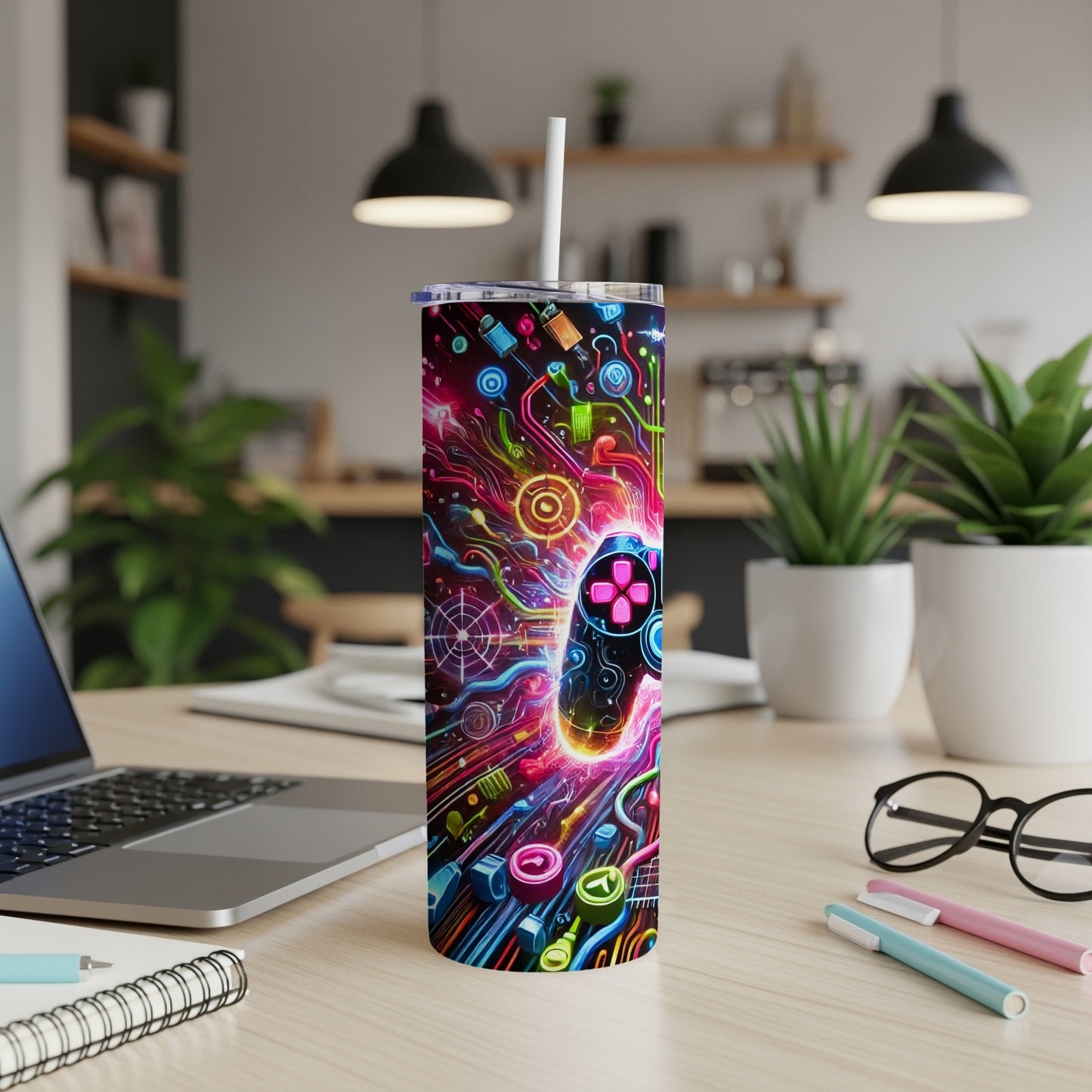 Abstract colorful pattern with gaming controller on a tumbler.