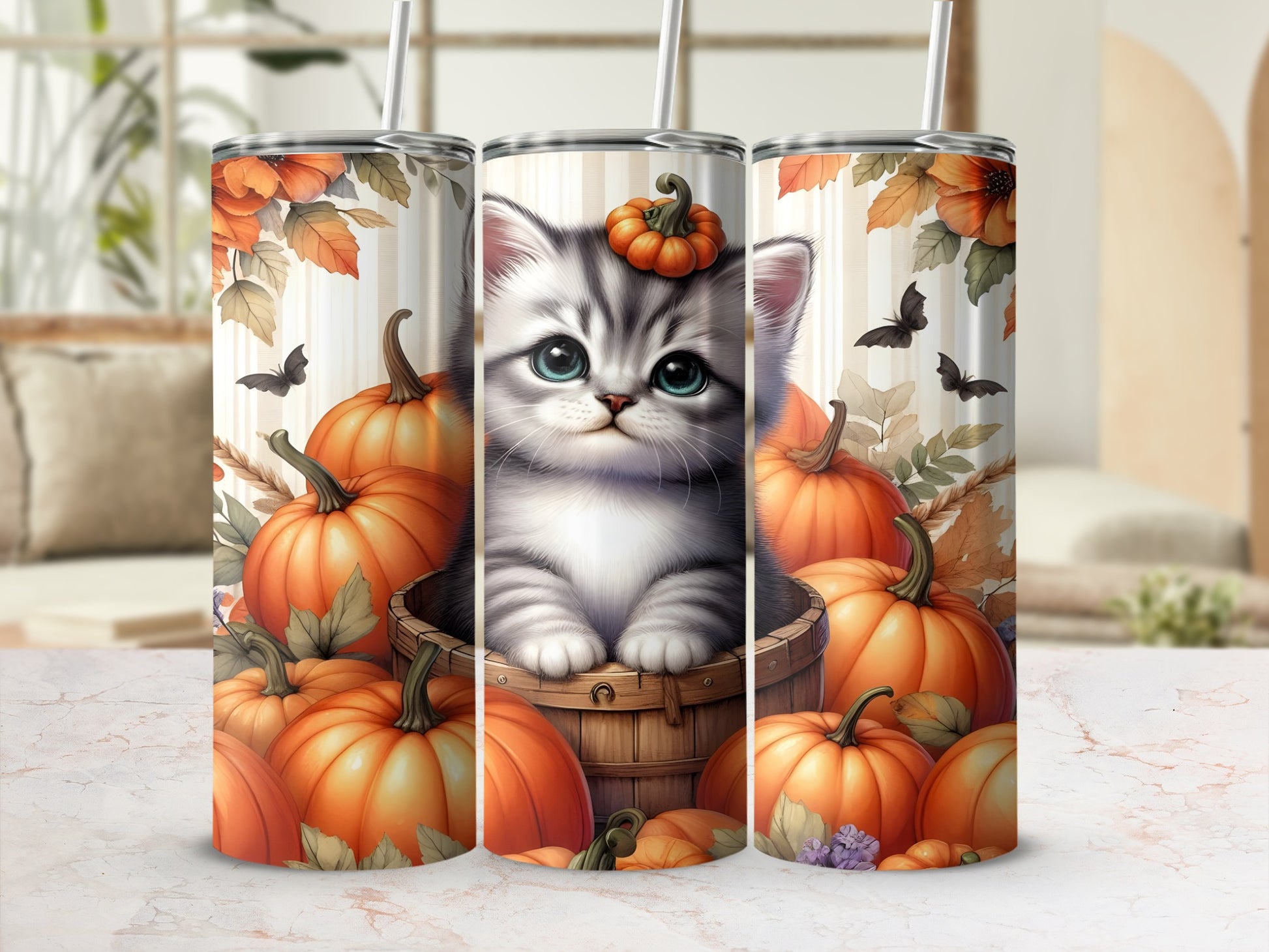 Kitten in a pumpkin patch with autumn leaves.