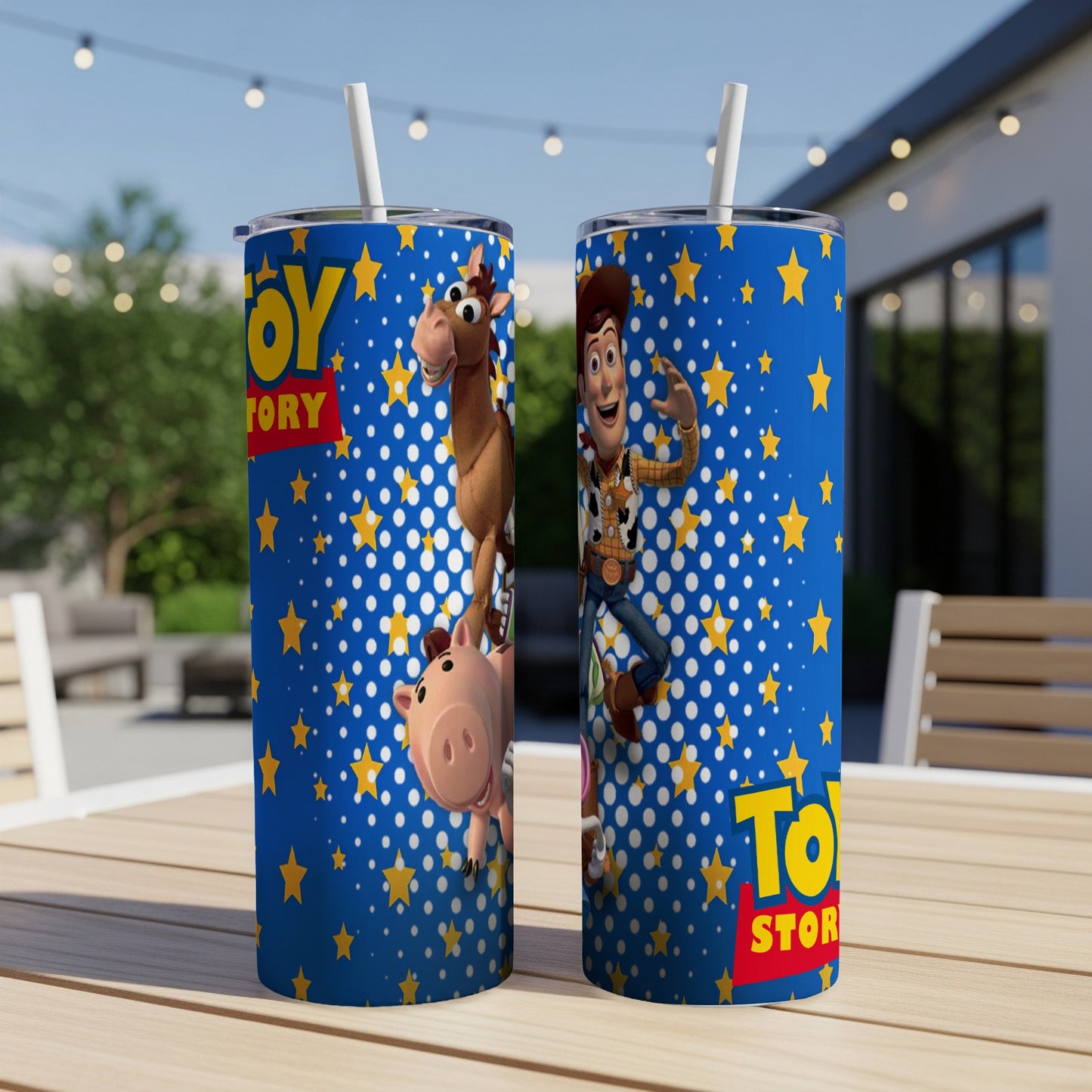Two Toy Story themed tumblers with Woody, Hamm, and Bullseye on starry background.