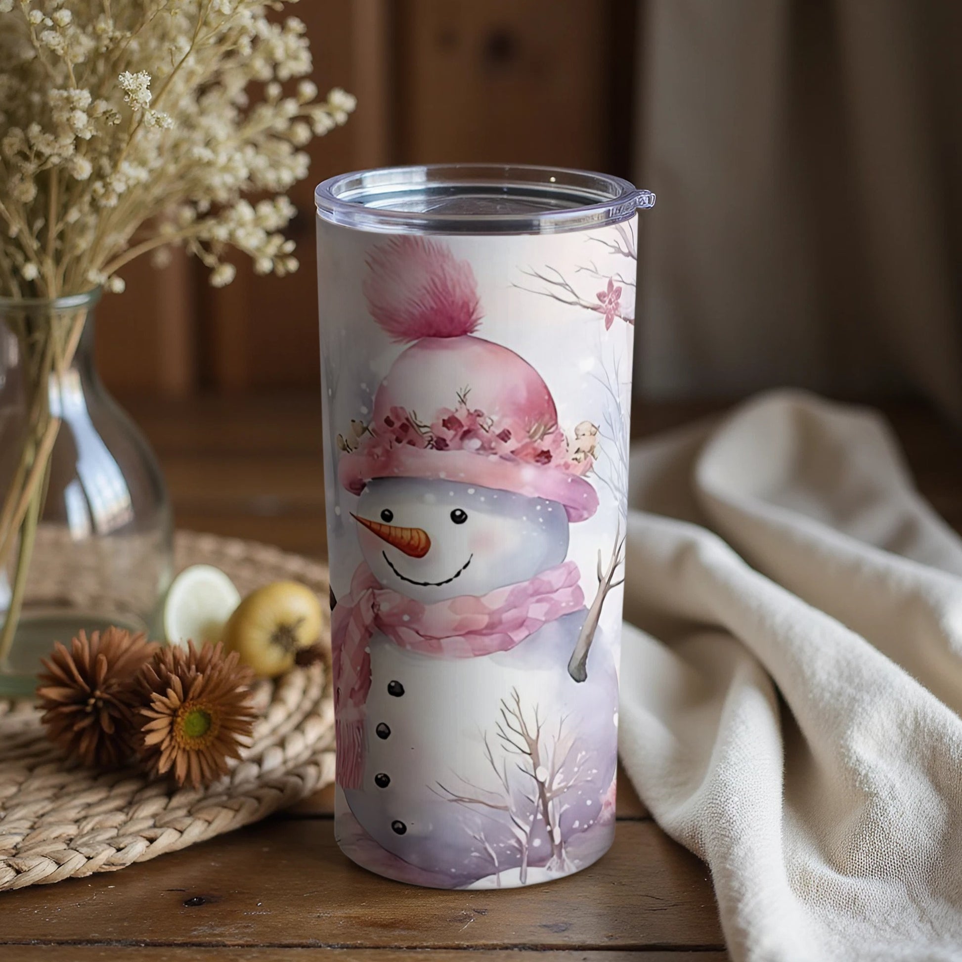 Adorable Snowman With Pink Hat Insulated Tumbler