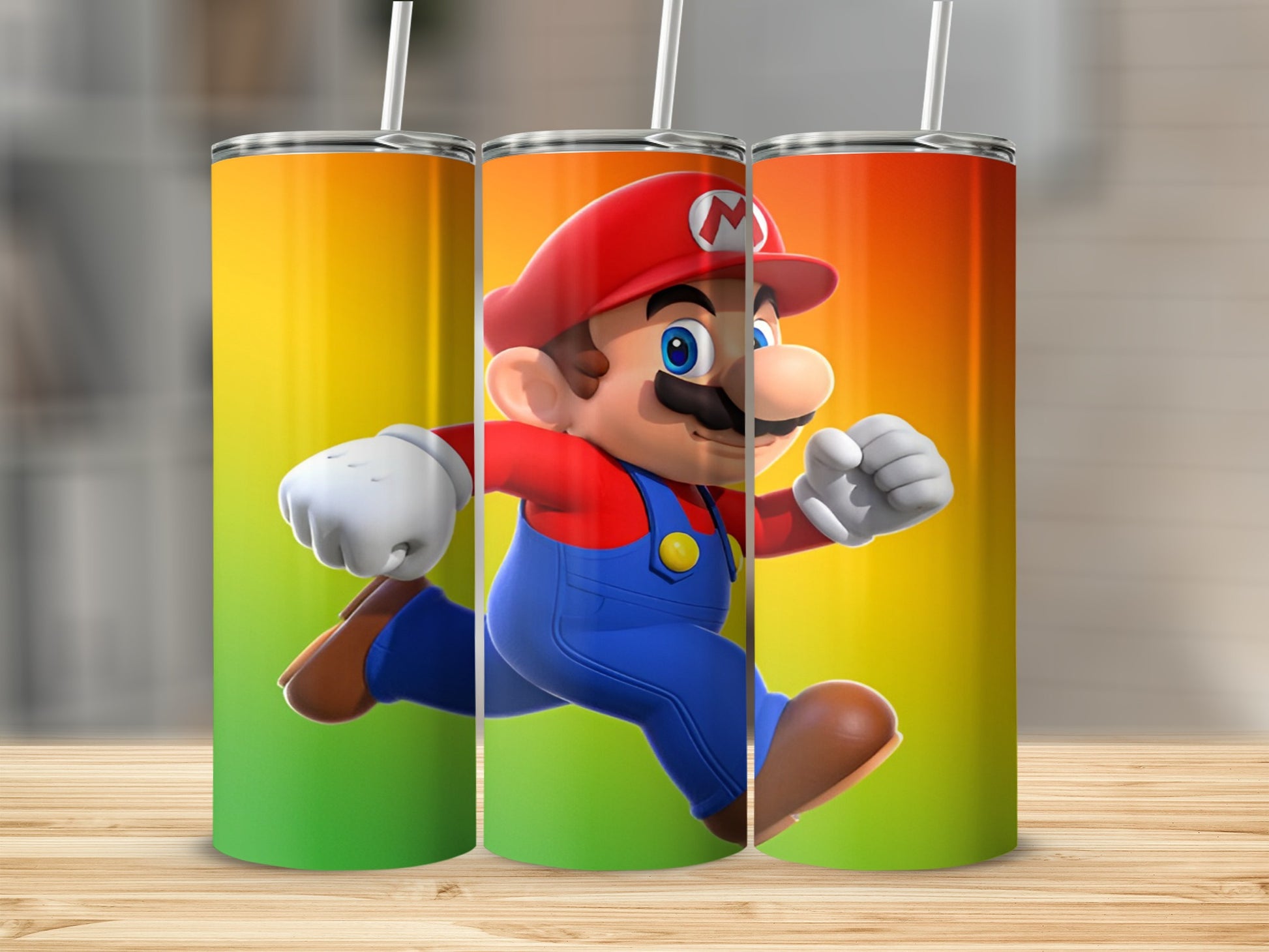 Mario running with colorful background gradient on a tumbler.