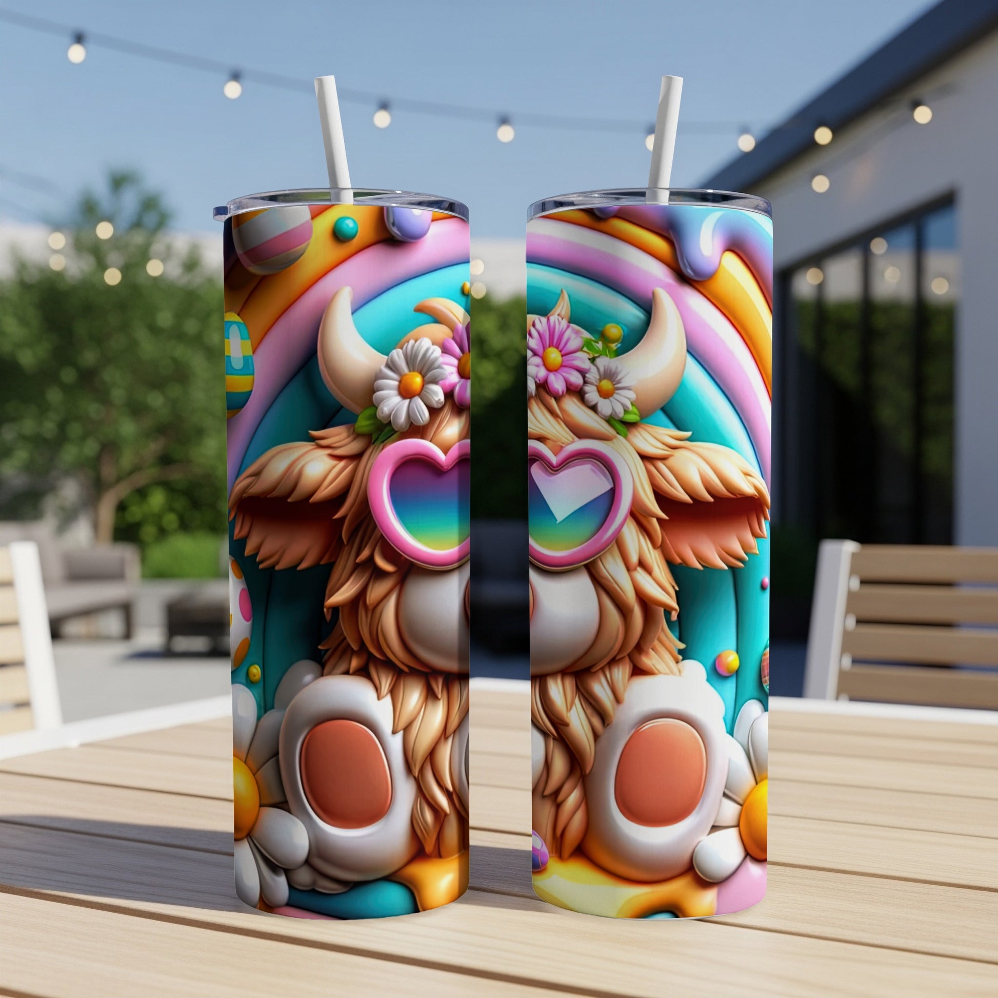 Highland cow with heart sunglasses and rainbow halo, colorful floral design.