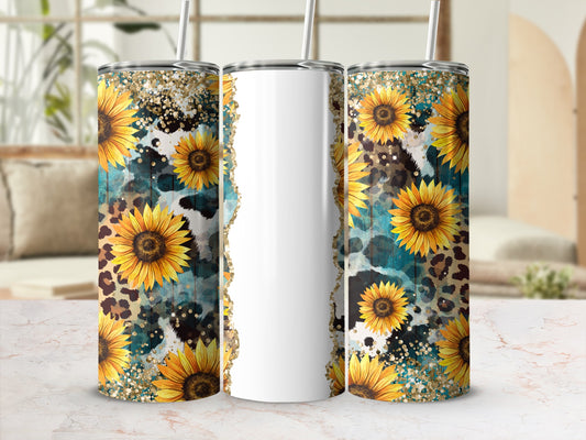 Tall tumbler with sunflowers, leopard print, and golden glitter accents.