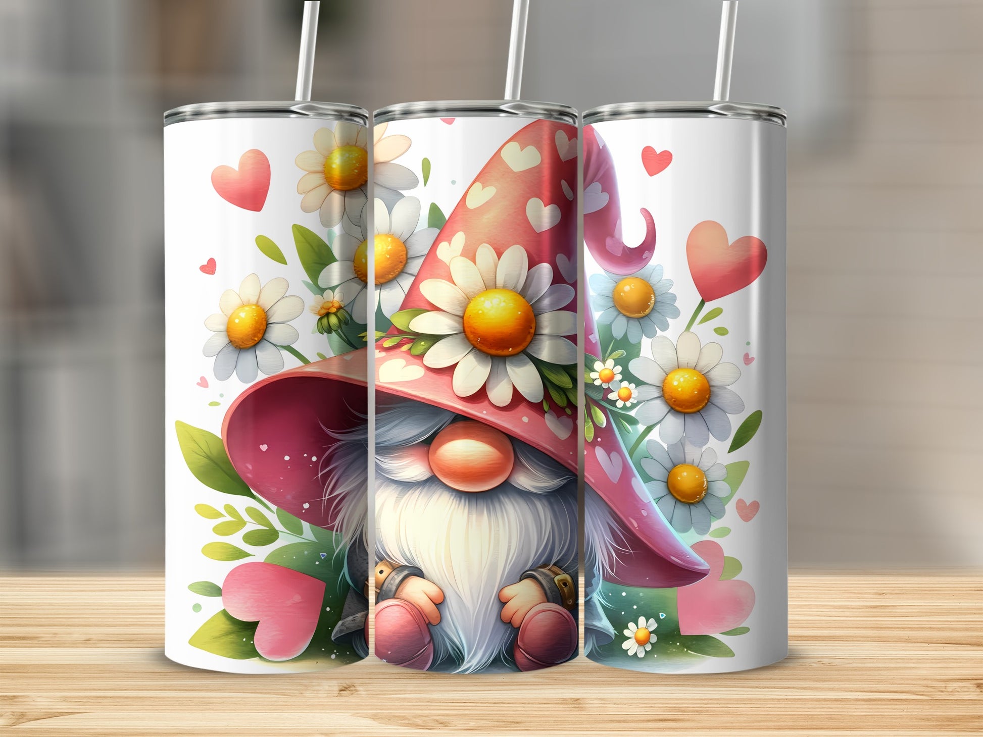 Gnome with flowers and hearts on a tumbler.