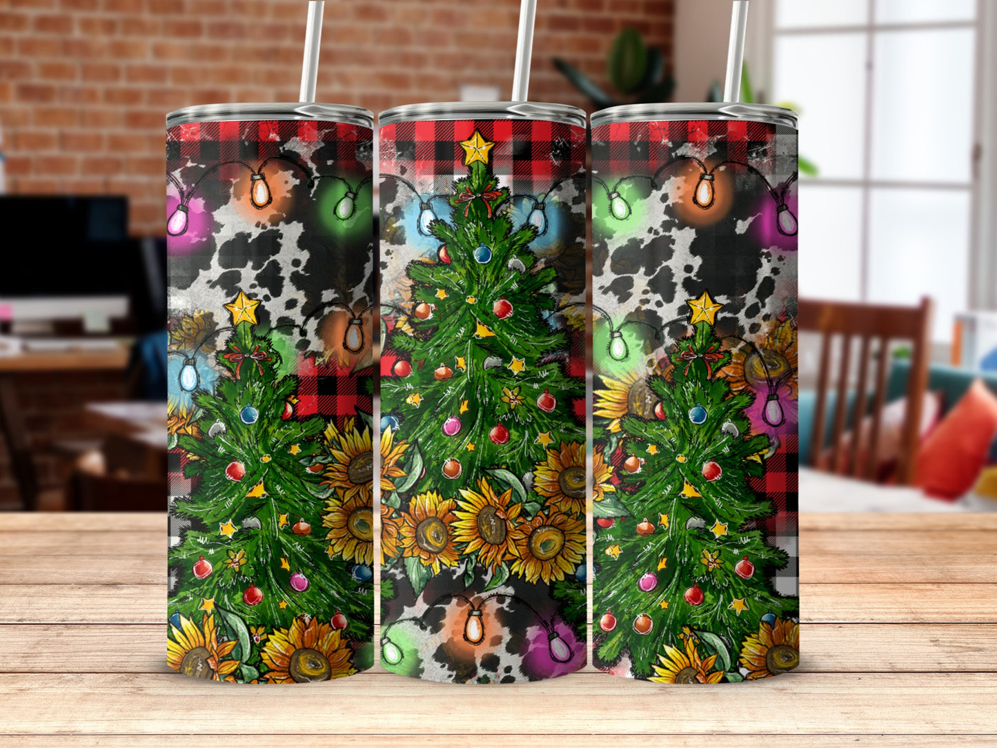 Christmas tree tumbler with sunflowers and buffalo plaid pattern.
