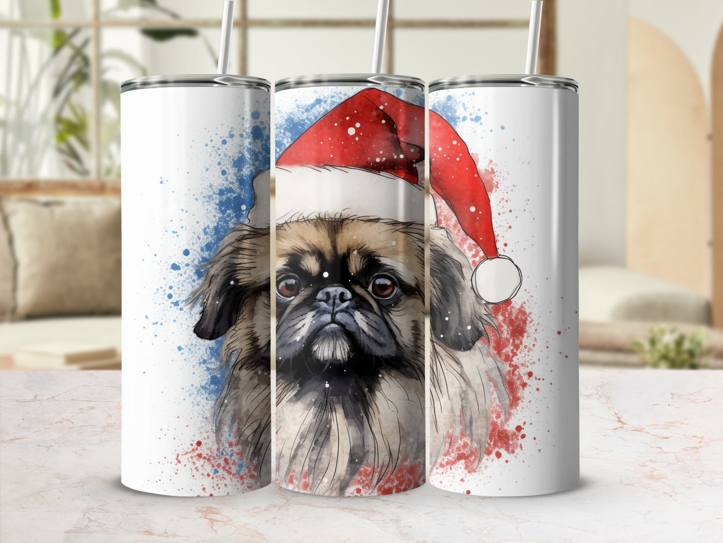 Christmas Shih Tzu dog with Santa hat on watercolor-style tumbler.