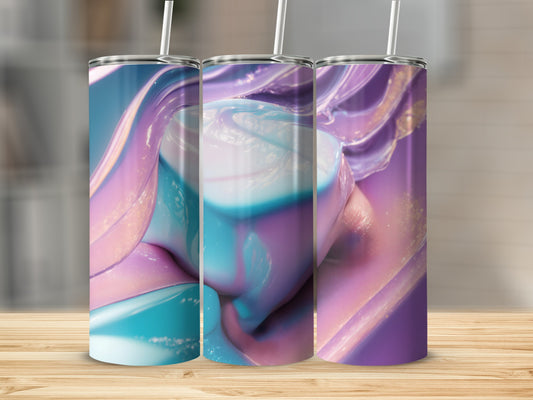 Abstract swirling pattern in blue, pink, and purple on three tumblers.