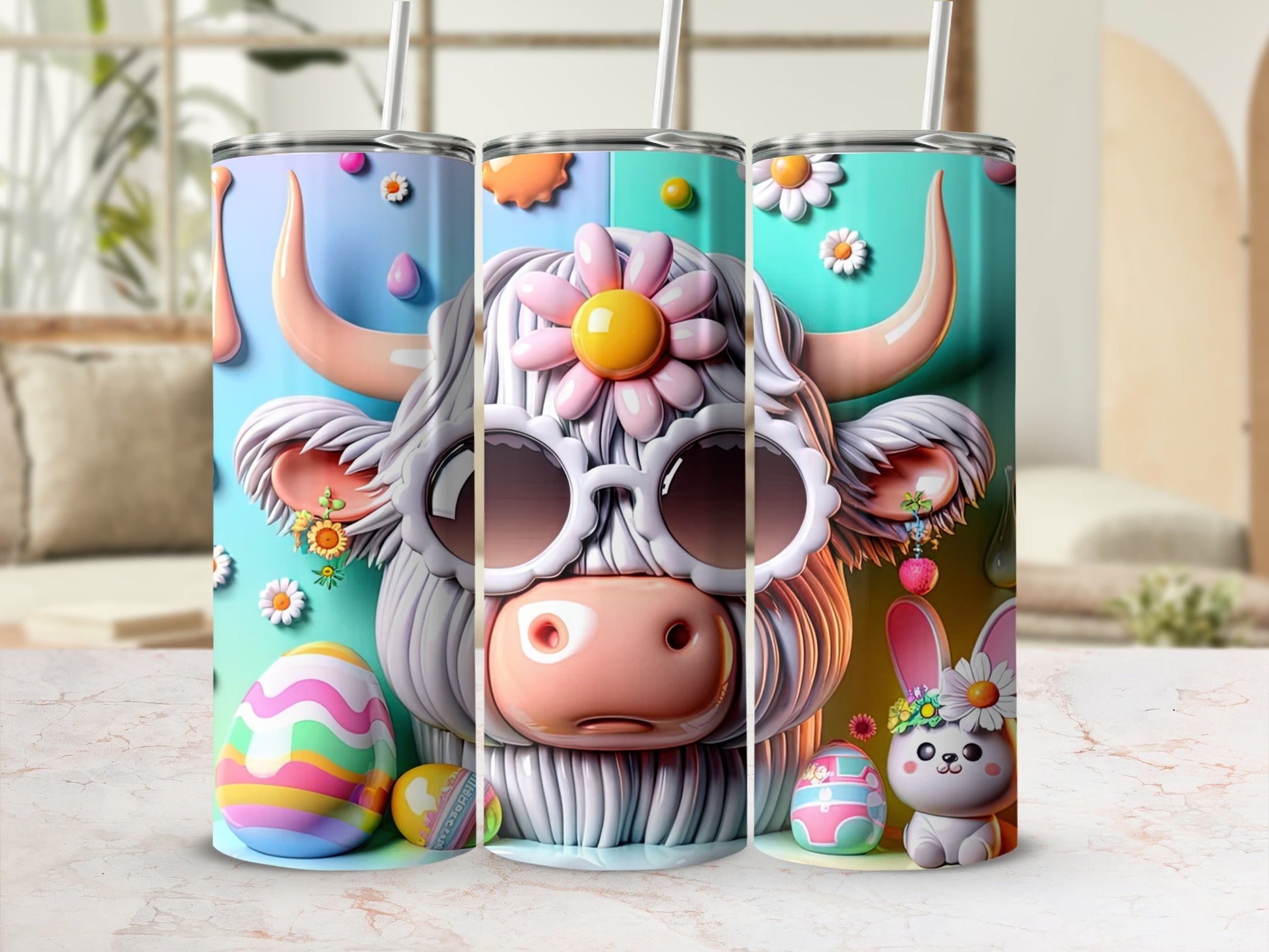 Highland cow with sunglasses and Easter eggs on a patterned background.