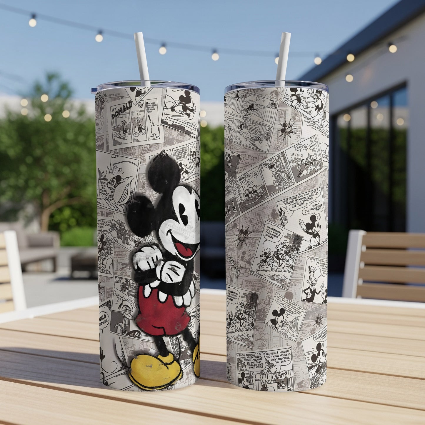 Two tumblers featuring classic Mickey Mouse comic strip artwork and speech bubbles.