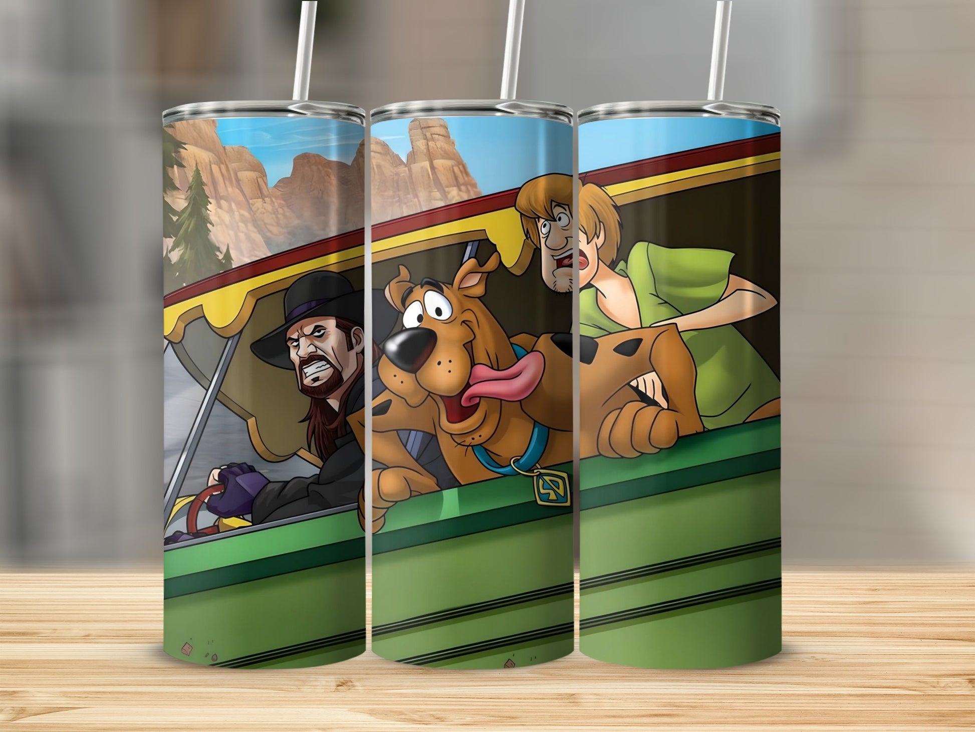 Scooby-Doo and Shaggy driving in a green vehicle with a man in a black hat.