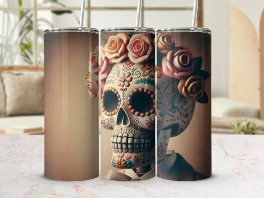 Floral skull tumbler design on a textured background.