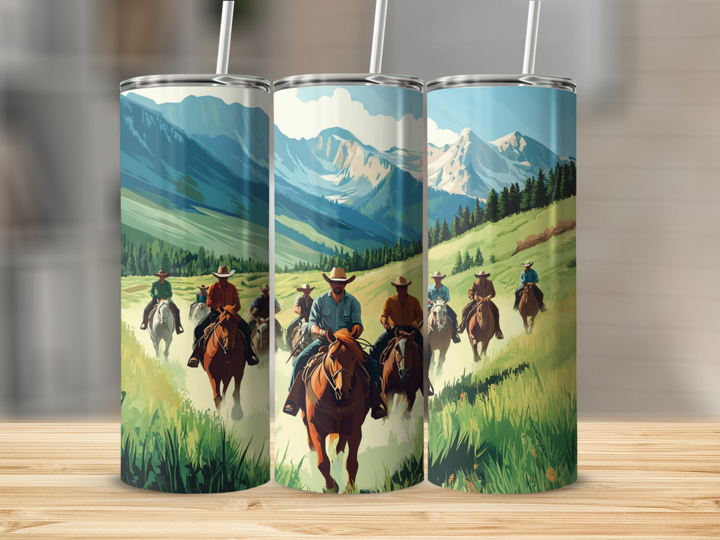 Cowboy riders on horseback in a mountain landscape.