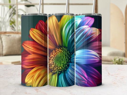 Rainbow flower tumbler with straw, three stainless steel cups.
