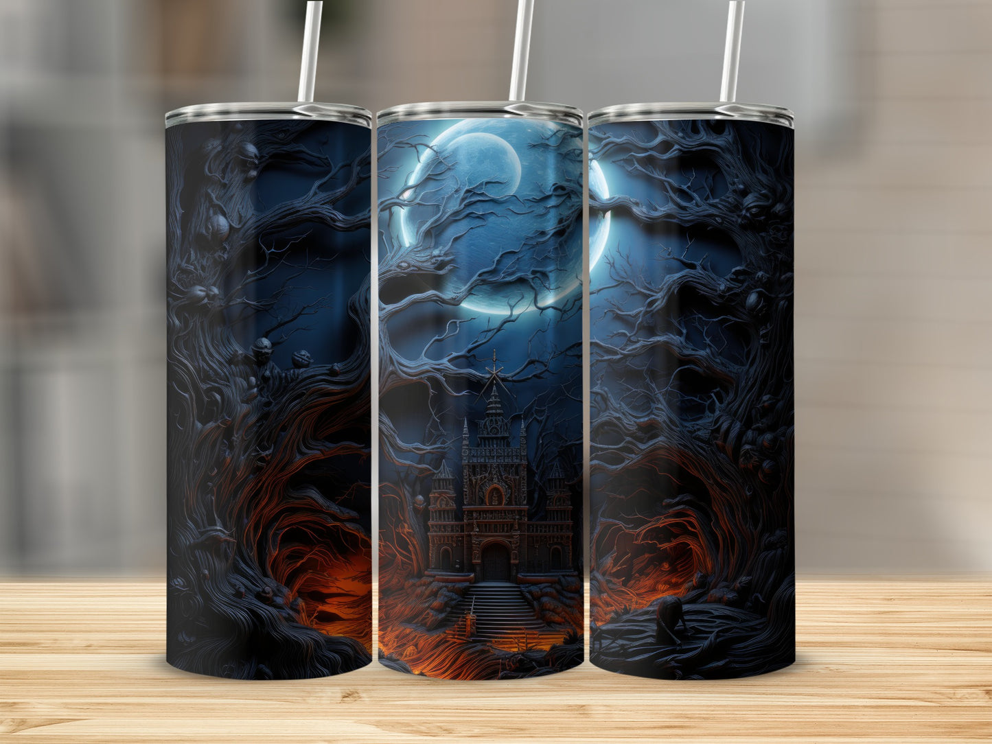 Three tumblers with spooky forest and castle designs, featuring a large moon.