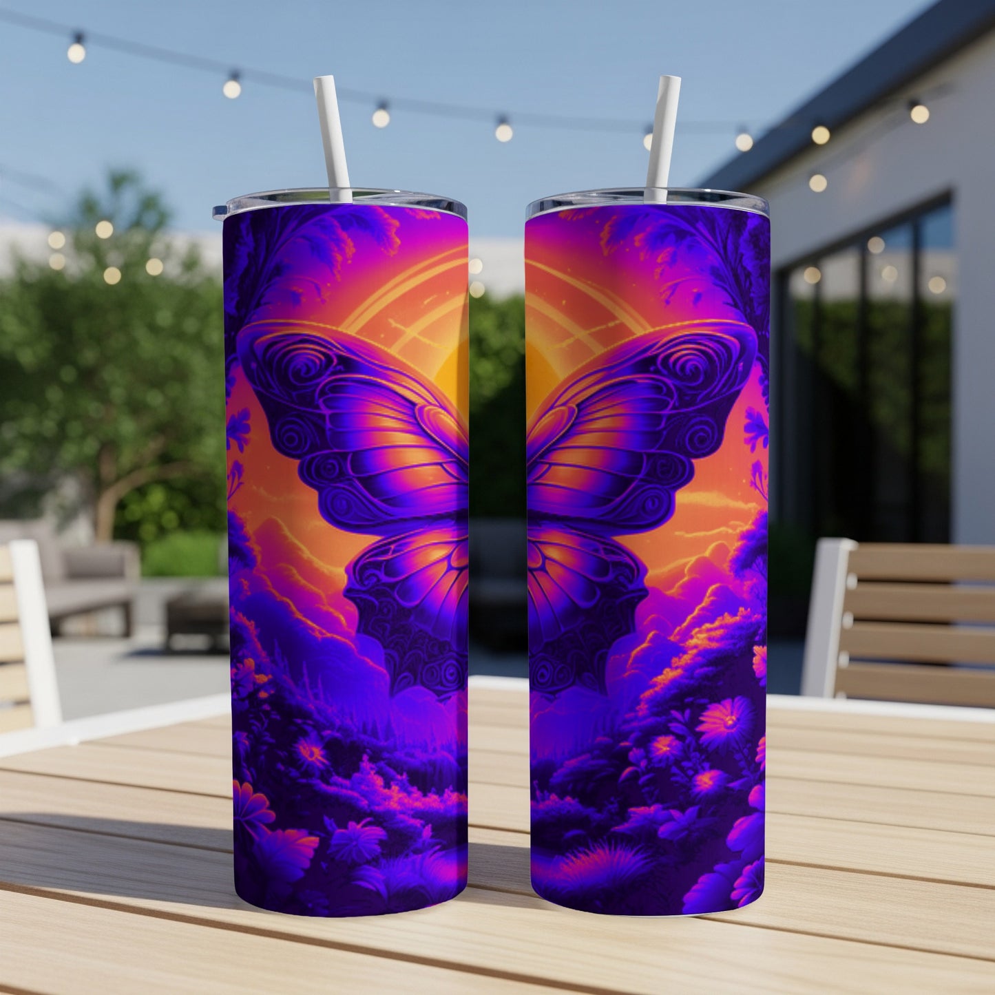 Two tumblers with a vibrant purple and orange butterfly design.