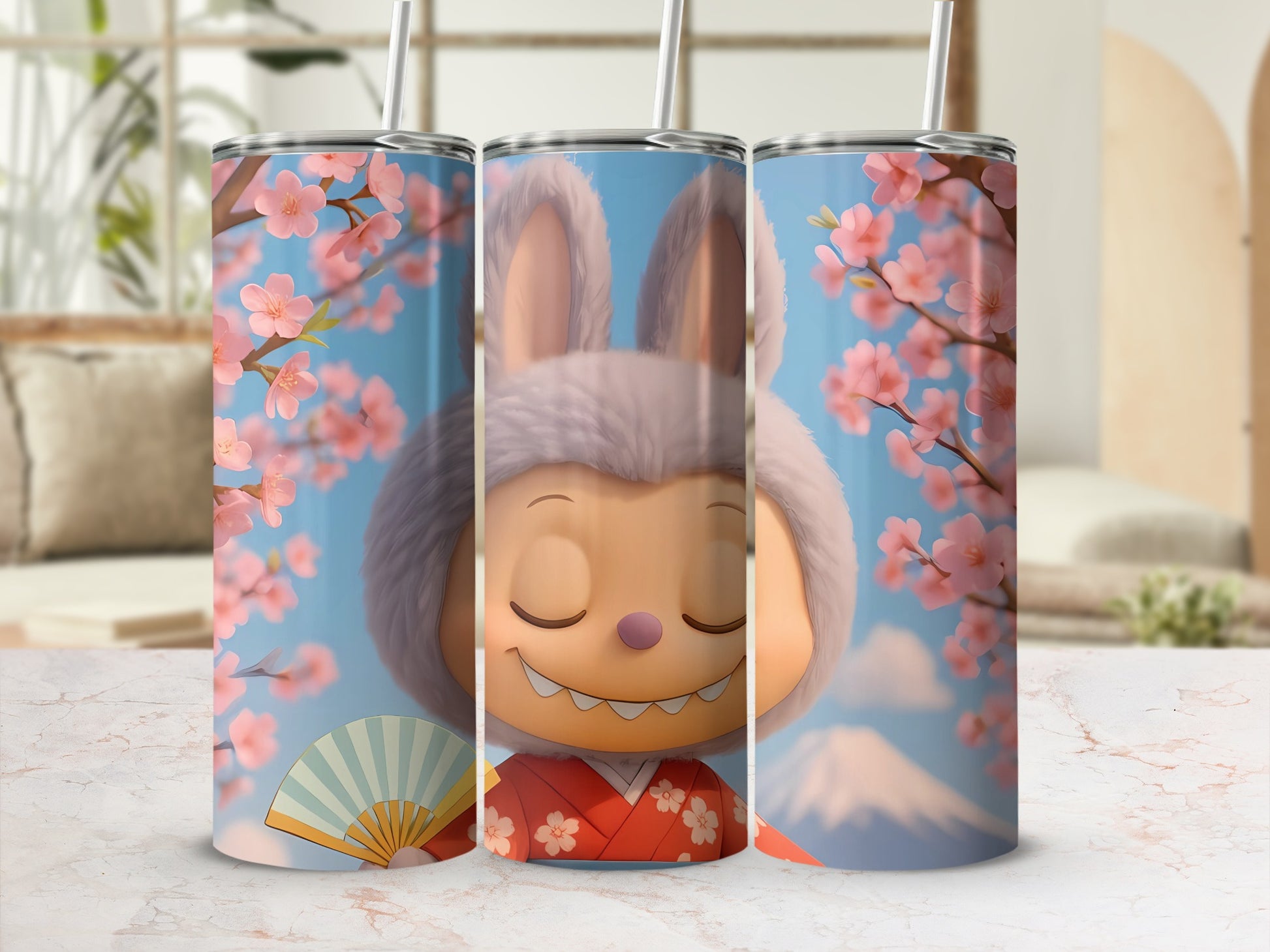 Adorable Bunny with Cherry Blossoms Travel Tumbler