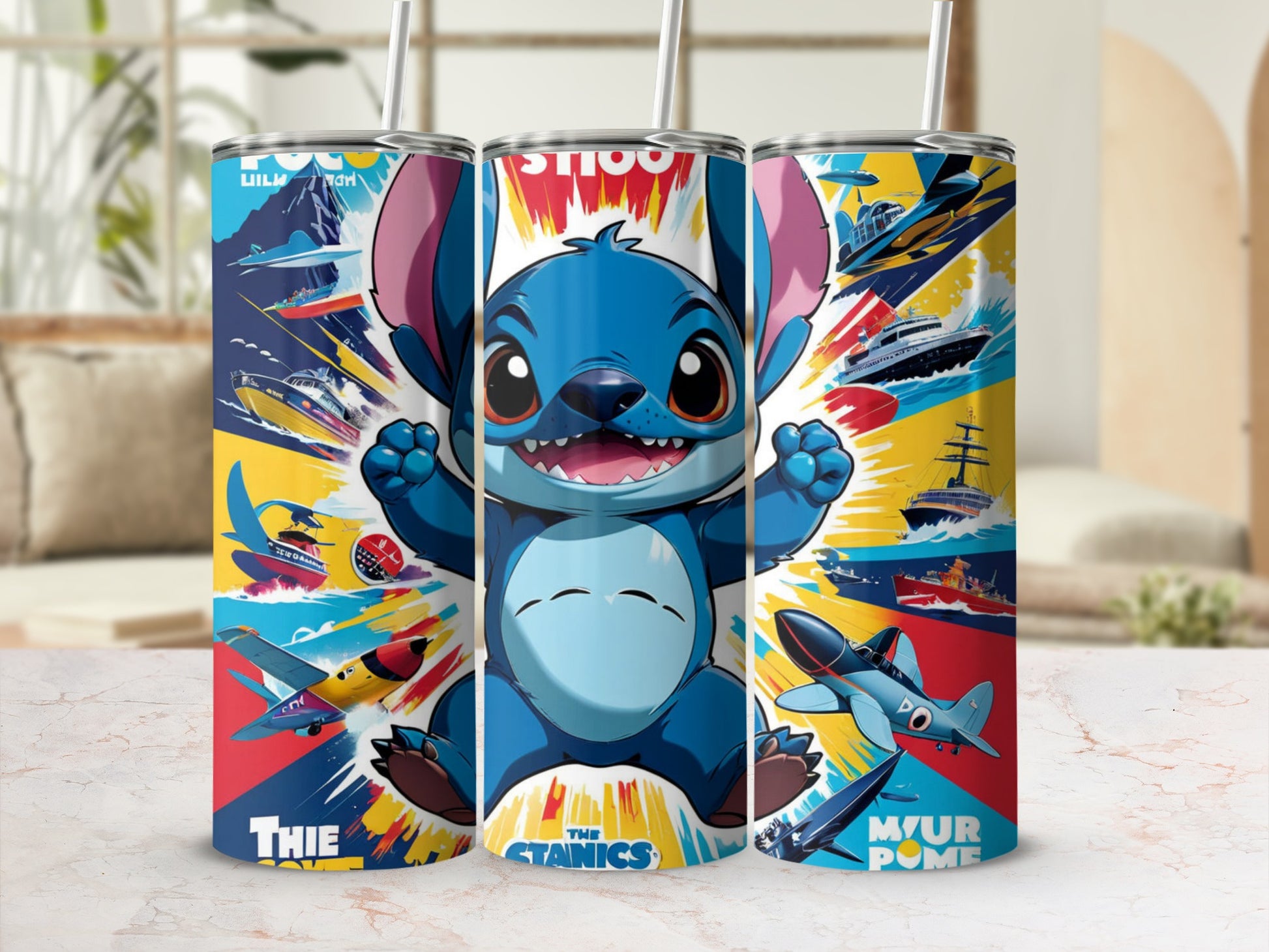 Stitch with airplanes and boats on a colorful tumbler.