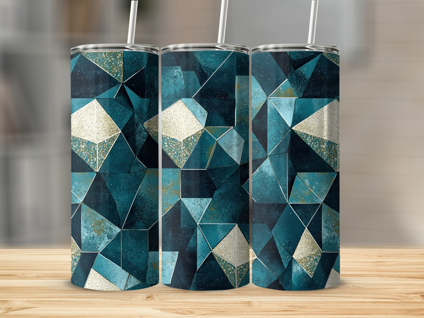 Teal Geometric With Gold Accent Design Pattern Tumblers