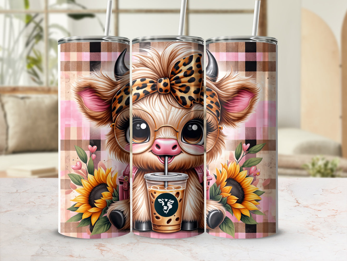 Cute cow wearing glasses and bow holding iced coffee, surrounded by sunflowers.