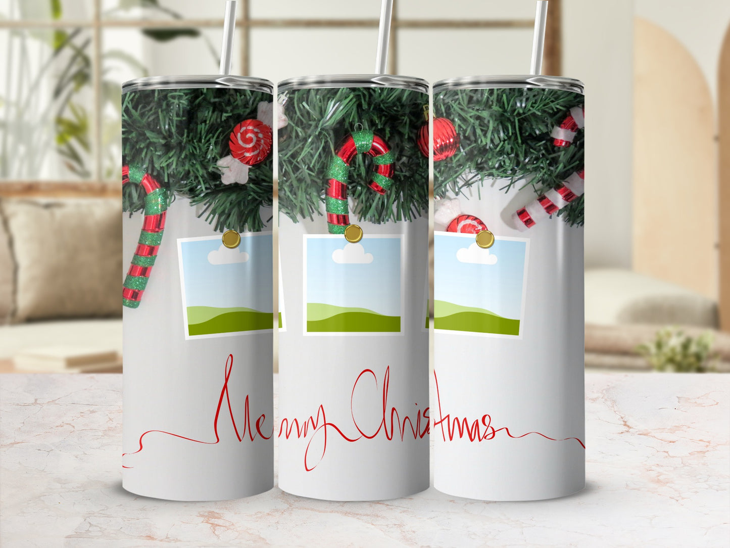 Three tumblers with Christmas decorations and "Merry Christmas" text.