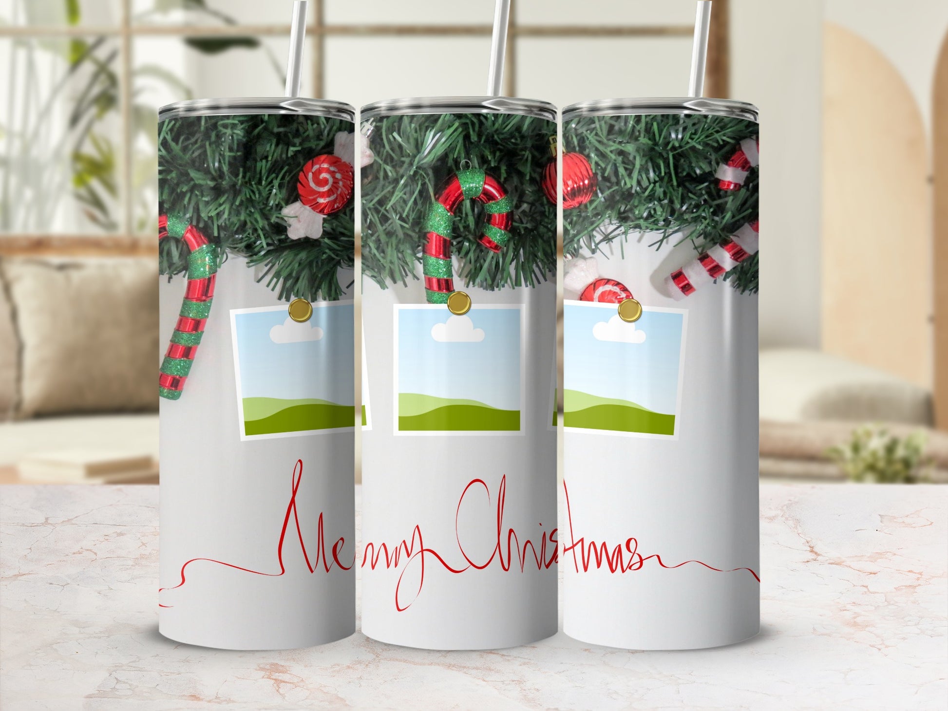 Three tumblers with Christmas decorations and "Merry Christmas" text.